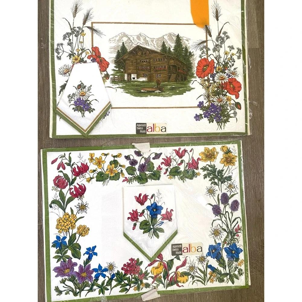 ALBA Set 4 Appenzell Swiss PLACEMATS Matching Napkins Vintage Flowers Alpine NOS